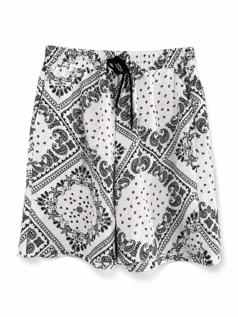 Men’s Medium Black-and-White Bandana Print Drawstring Shorts – 100% Polyester